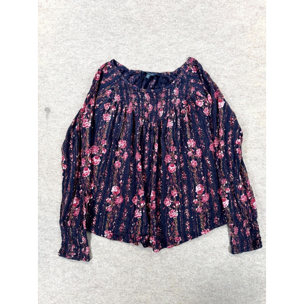 Lucky Brand Blue Floral Smocked Neck Blouse Top Womens Medium M Long Sleeve